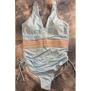 Blooming Jelly‎ Blue One Piece Swimsuit V Neck Ruched Tummy Control